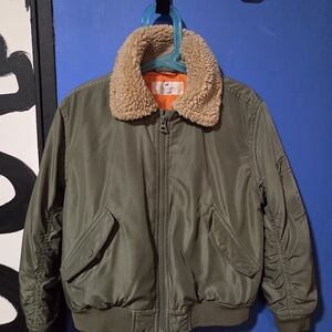 Kids Olive Green Bomber Jacket with Faux Shearling Collar